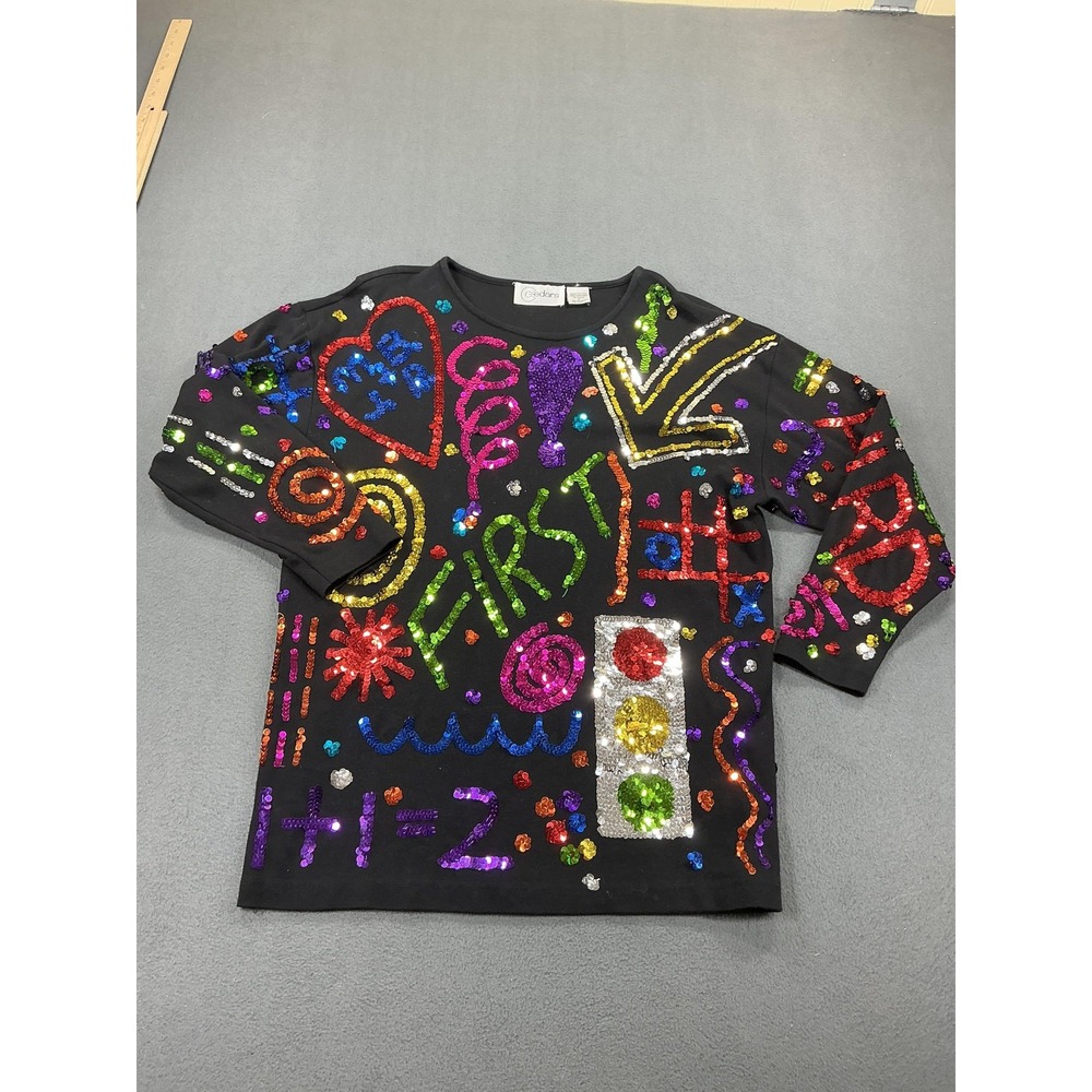 Vintage Cedars Shirt Womens Medium Black‎ Sequin Colorful Teacher School Top 80s